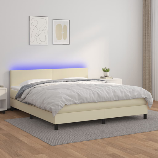 vidaXL Ramsäng med madrass & LED gräddvit 180x200 cm konstläder