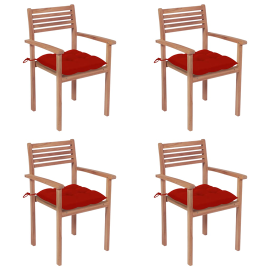 vidaXL Trädgårdsstolar med röda dynor 4 st massiv teak