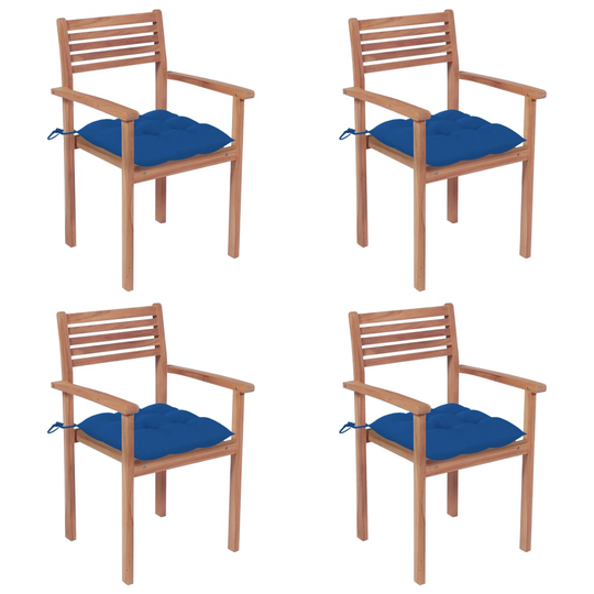 vidaXL Trädgårdsstolar med blåa dynor 4 st massiv teak