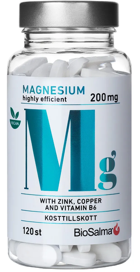 BioSalma Magnesium 200mg + Zink, Koppar, B6 ,120 kapslar