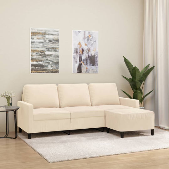 vidaXL 3-sitssoffa med fotpall gräddvit 180 cm sammet