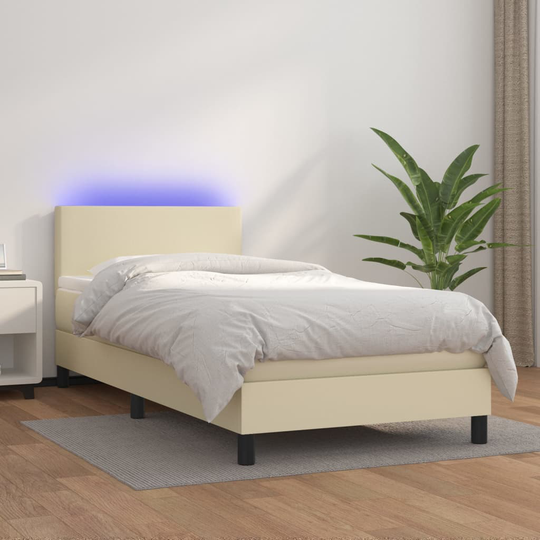 vidaXL Ramsäng med madrass & LED gräddvit 100x200 cm konstläder