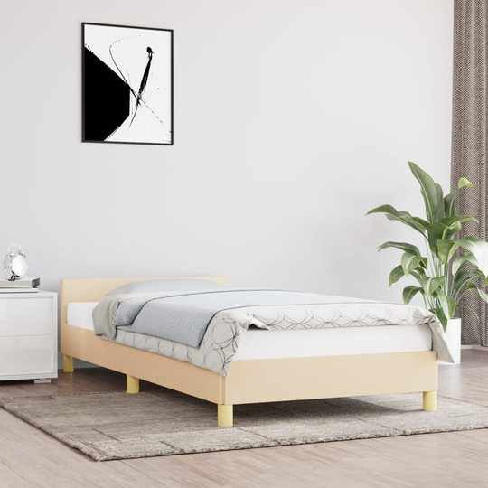 vidaXL Sängram med huvudgavel gräddvit 90x190 cm tyg